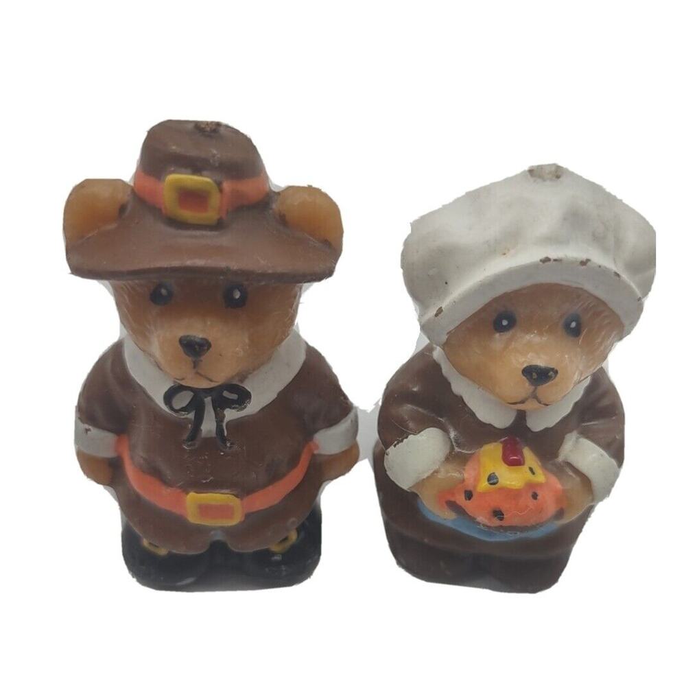 VINTAGE THANKSGIVING CANDLE TEDDY BEAR PILGRIMS Holding Pumpkin Mini